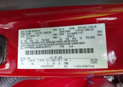 2024 Ford F-150 Lariat z USA, uszkodzony, nr VIN 1FTFW5L86RFA70717